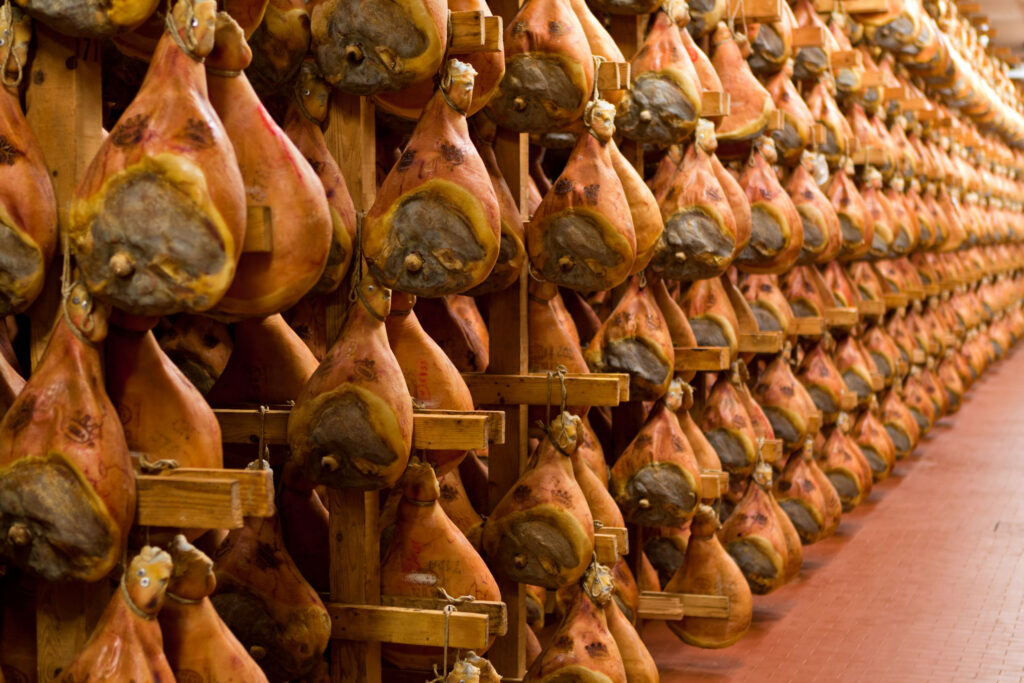 Parma hams during curing at the Fumagalli facilities in Langhirano.