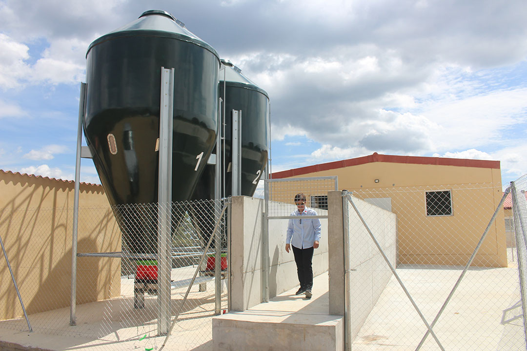 Feed bins can be refilled from outside the farm perimeter for biosecurity reasons.