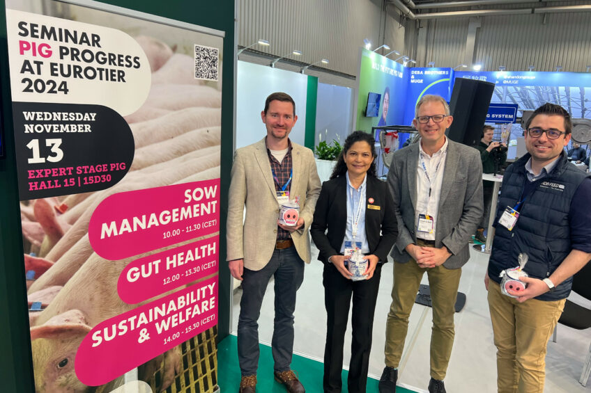 The line-up of the EuroTier seminar on Sow Management, from left to right Dr Stephan Rosengart, TiHo; Dr Sangita Jalukar, Arm & Hammer; Vincent ter Beek, Pig Progress; and Dr Paul Engler, Nor-Feed. Photo: Sophie ten Broek